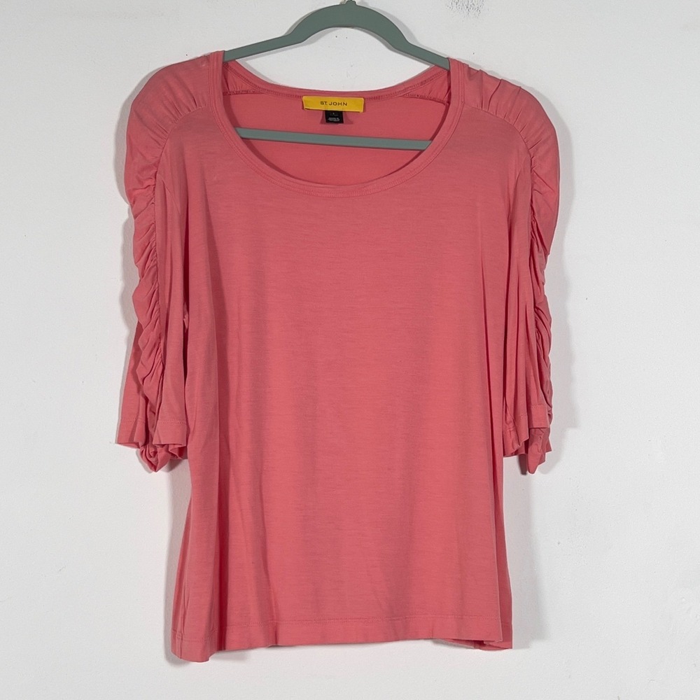 St. John Top Womens Sz L Pink Ruched Puff Sleeve Scoop Neck Jersey